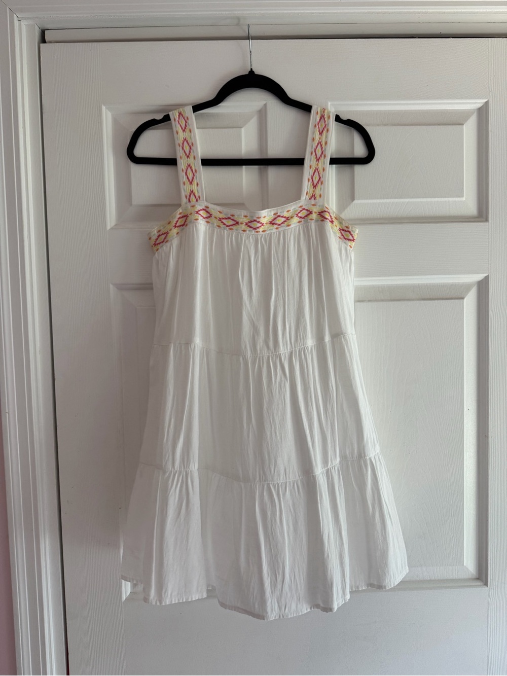 Blue Rain White Mini Sundress with Pink & Yellow Embroidery